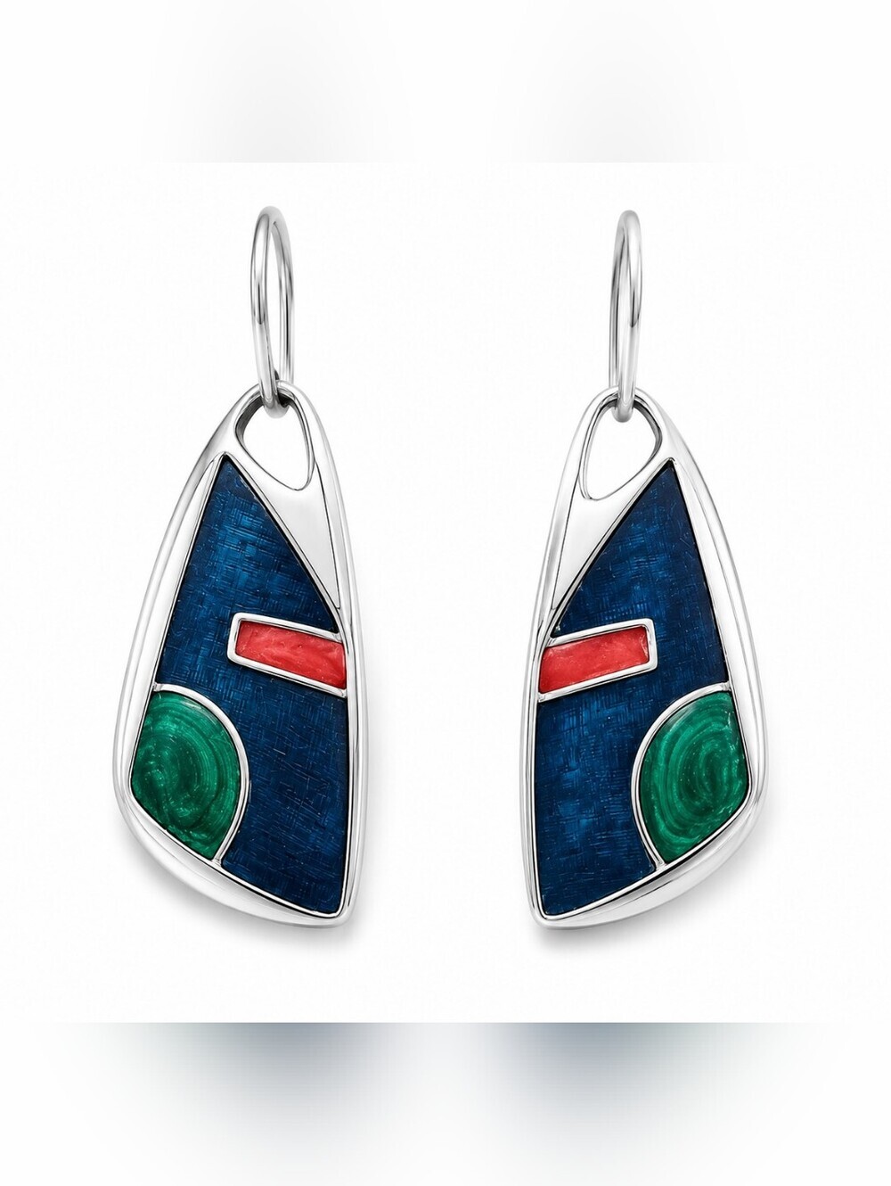 Silver inlay earrings with sodalite, coral, and malachite gemstones. EUC